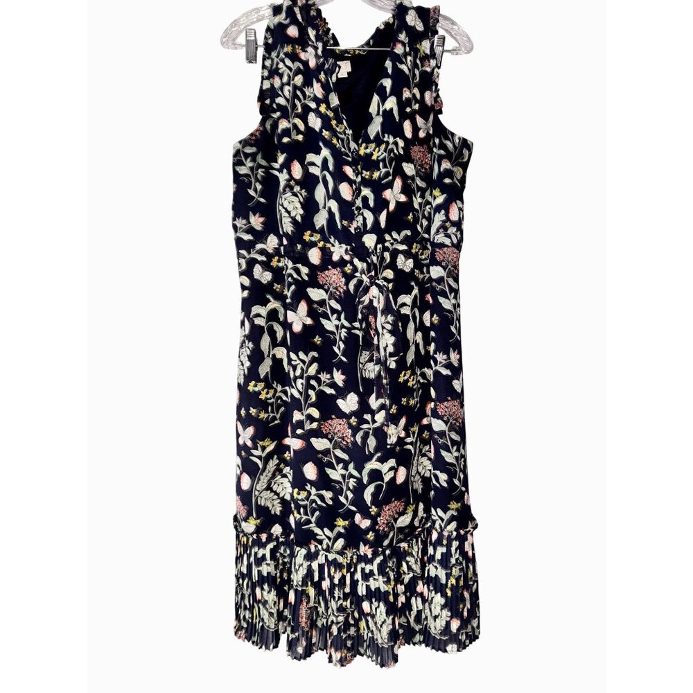 a new day Womens Floral Sleeveless Dress XL Navy With Ruffled Hem & Tie Waist - Picture 2 of 6